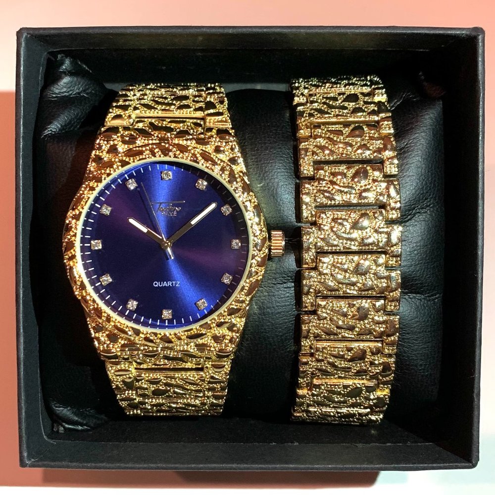 Gold Men's Fashion Watch with Blue Dial